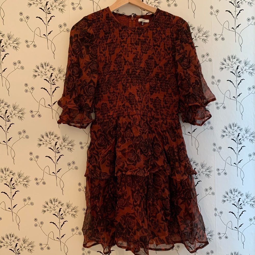 Ganni Smocked Ruffle Mini Dress